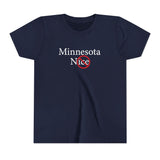 Navy blue t-shirt with 'Minnesota Nice' text on a white background